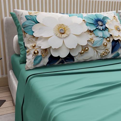 PETTI Artigiani Italiani - Cotton Sheets with Pillowcases in Digital Print, Double Bedsheets, Complete Bed Set, Floral 19 Teal, 100% Made in Italy