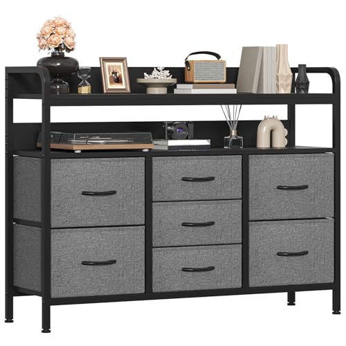 GoaHi Chest of Drawers Bedroom, 7 Fabric Drawers with 2 Layers Shelf, Storage Organizer Unit for Bedroom Living Room Closet, Sturdy Steel Frame & Wooden Top, Fabric Dresser, Deep Gray