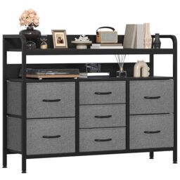 GoaHi Chest of Drawers Bedroom, 7 Fabric Drawers with 2 Layers Shelf, Storage Organizer Unit for Bedroom Living Room Closet, Sturdy Steel Frame & Wooden Top, Fabric Dresser, Deep Gray