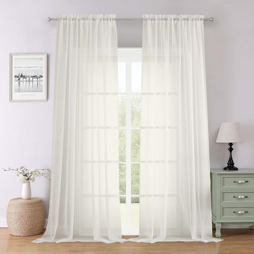 "Lecloud Ivory Sheer Curtains 96 Inches Long 2 Panels Set, Solid Airy Voile Dual Rod Pocket Sheer Curtains, Elegant Light Filtering Window Curtain Drapes for Living Room Bedroom Garden, 59"" W x 96"" L"