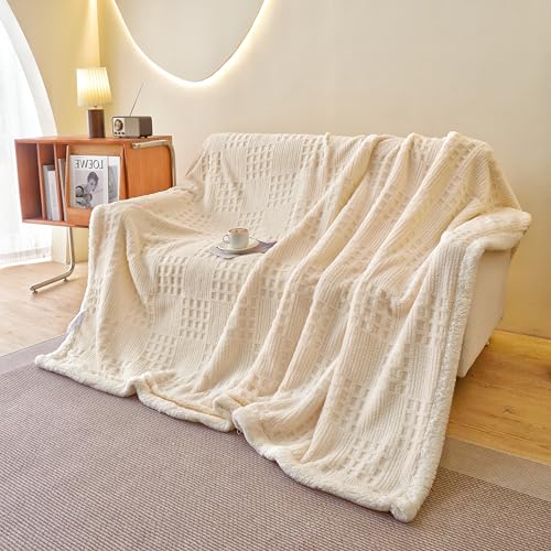 UKELER Sherpa Bed Blanket 80 ?? 90 inch, Ultra Soft Queen Size Throw Blanket for All Season, Cozy Plush Checkered Fleece Blanket for Bedroom Living Room Dorm Hostel Sofa Camping, Off-White