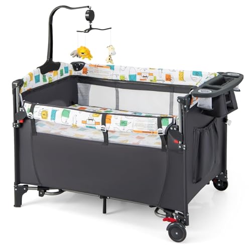 GYMAX 5 in 1 Folding Travel Cot, Portable Baby Bed Playard (Grey)