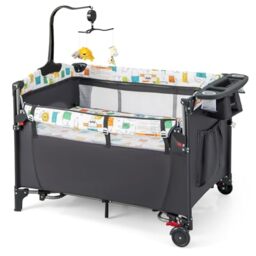GYMAX 5 in 1 Folding Travel Cot, Portable Baby Bed Playard (Grey)