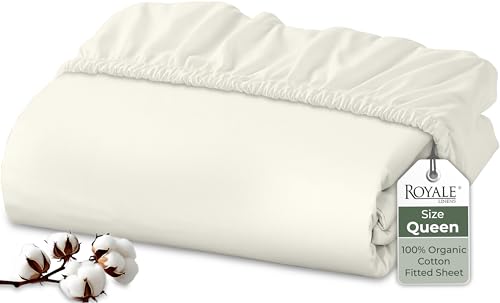 "Royale Linens 100% Organic Cotton Fitted Sheet - Percale Weave - Super Soft Deep Pocket Bottom Sheets - Ivory Elastic Sheet Queen Size - Queen Fitted Sheets Only - (60""x80""+15"", Ivory)"