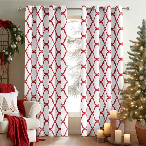 Melodieux Moroccan Fashion Thermal Insulated Room Darkening Blackout Grommet Curtains for Living Room, 42 by 84 Inch, Off White/Red (2 Panels)