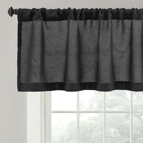 DriftAway Linen Textured Window Valance for Kitchen Semi Sheer Light Filtering 3 Inch Rod Pocket Farmhouse Country Rustic Window Curtain Valances 18 inch Length for Bathroom Living Room Black