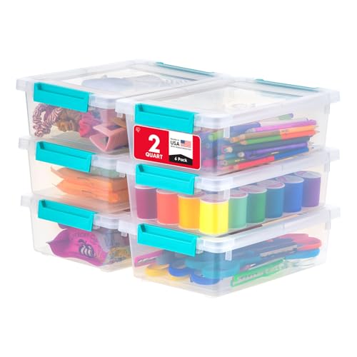IRIS USA Storage Bins with Lids for Craft Storage, 6-Pack, 2.4 Qt Plastic Stackable Sensory Bin Organizer Container Clip Box for Art Craft Scrapbook Home Office Stationery Journaling Supplies, Clear