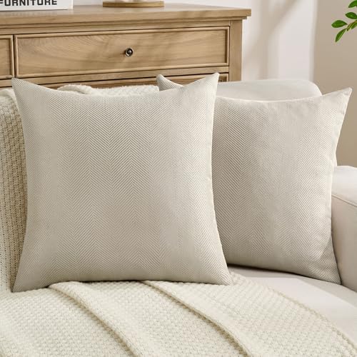 FUTEI Pack of 2 Chenille Throw Pillow Covers 16x16 Inch, Beige - Elegant Herringbone Textured Design,Side Hidden Zipper,Machine Washable,Pill-Resistant,Colorfast,Insert Not Included.