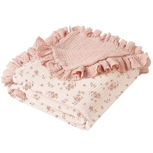 "Konssy Flounce Muslin Baby Blankets, Cotton Crib Blanket for Baby Infant Toddler, Super Soft and Lightweight Nursery Blankets 40""x36"" (Blossom)"
