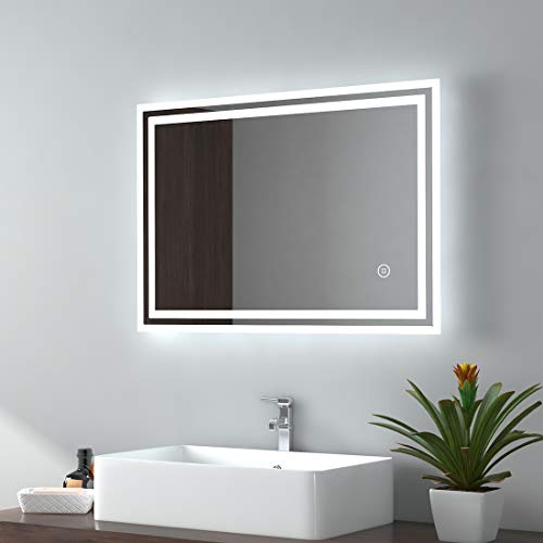 EMKE Bathroom Mirror with LED Lights 500 * 700MM, LED Bathroom Mirror with Demister Pad, Smart Mirror with Touch Switch, Illuminated Vanity Mirror with auto-off Function, Wall Mounted Mirror, IP44