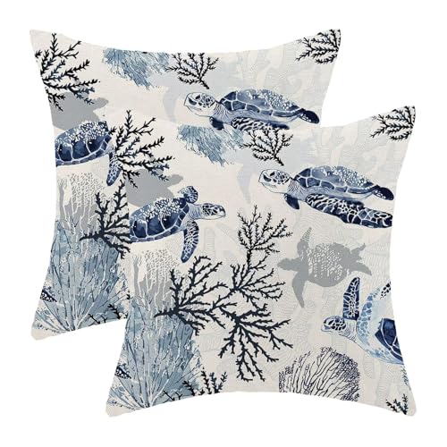 BETGINY Coastal Throw Pillow Cover 16 x 16 Inch Pack of 2, Beach Themed Blue Coral Sea Turtle Decorative Pillow Covers Square Linen Nautical Ocean Pillow Cases Cushion for Bedroom Home Sofa Decor