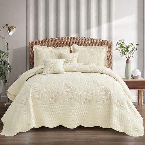 Bedspread oversized,King 120x118???Beautiful Leaf Stitching???5 PC, Ivory - Premium quality stitching,Pet-Friendly Stitching,Microfiber Reversible,Versatile styling,Elegant,Durable & Easy Care