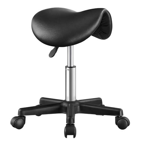 SONGMICS Ergonomic Saddle Stool on Wheels, Height Adjustable Salon Stool, 360° Swivel Beauty Chair, PU Leather, for Beauty, Studio, Ink Black OSC014B101