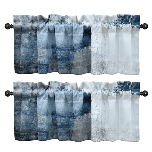 LALILO Blue Grey Kitchen Curtains Abstract Art Valances for Windows Blackout Window Treatment Valances Rod Pocket Curtain Valance for Bathroom Bedroom Living Room Cafe,52 X 18 Inch,2 Panel