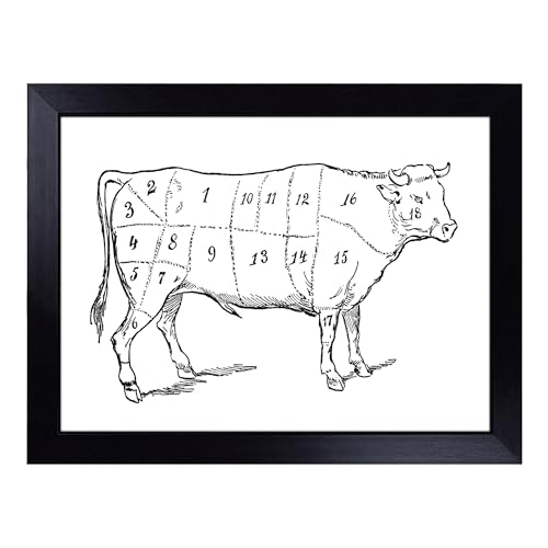 Lap Tray with Bean Bag Cushion, Butchers Beef Cow Map Meat Cuts - Handmade in the UK, Raised Wooden Edge, Padded Cushion, Heat-Resistant Wipe-Clean Surface, for Meals, Laptops and Crafts