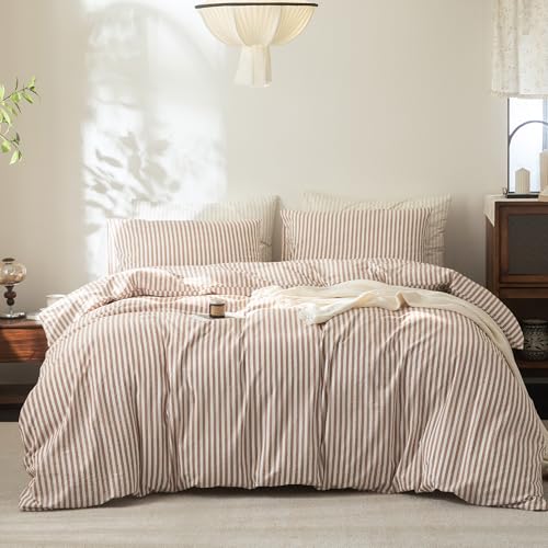 FOSSA Striped Duvet Cover Set 100% Washed Cotton Linen Feel King - Super Soft Breathable Lightweight & All Season Bedding Set with Hidden Zipper & 8 Corner Ties (Dark Pumpkin)