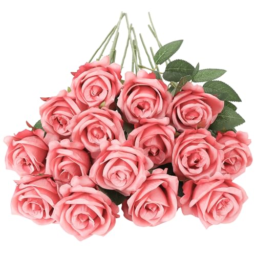 Ovveroche 80 Pcs Artificial Roses Long Stem Silk Flower Watermelon Red - Fake Rose Petals Realistic Look Bridal Bouquet Centerpieces Home Party Table Decor Romantic Gift