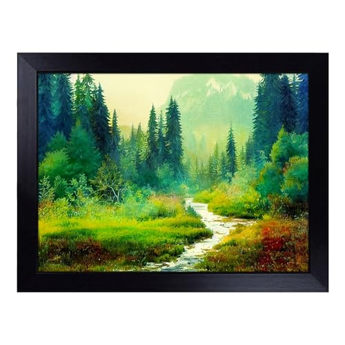 Lap Tray with Bean Bag Cushion, Summer Forest Watercolour - Handmade in the UK, Raised Wooden Edge, Padded Cushion, Heat-Resistant Wipe-Clean Surface, for Meals, Laptops and Crafts