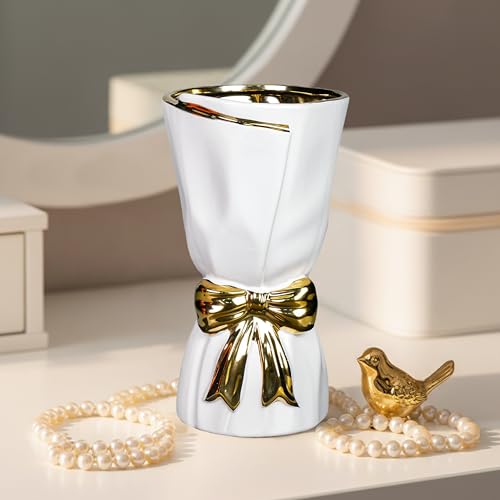 Wancetang White Bow Vase - Modern Ceramic Vases Home Decor, 10 Inch Minimalist Vase for Wedding, Dining Room, Kitchen Decor Valentines Table, Bookshelf, Living Room, Bathroom Decorations