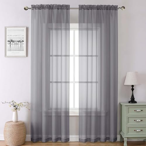 "Lecloud Charcoal Grey Sheer Curtains 90 Inches Long 2 Panels, Light Filtering Voile Breathable Curtains, Privacy Solid Window Treatments with Rod Pocket for Bedroom Living Room, Each 42"" W x 90"" L"