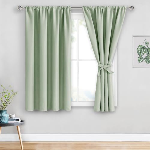 JIUZHEN Blackout Curtains for Bedroom - Thermal Insulated Room Darkening Rod Pocket Curtains for Living Room, Set of 2 Panels with Tiebacks, 42 x 45 Inch Length, Light Green