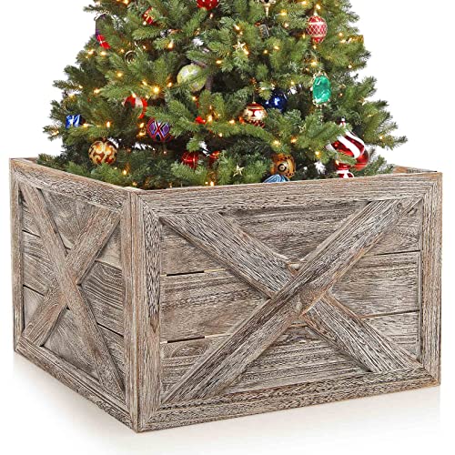 GYMAX Wooden Tree Collar Box, Christmas Tree Skirt Stand Cover with Hook and Loop Fasteners, Farmhouse Xmas Rustic Weathered Wood Decoration (60 x 57 x 37 cm, Grey)