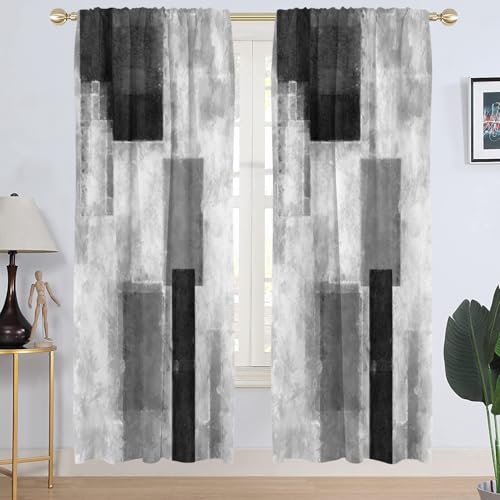 "AAtter Black Grey and White Window Curtain Gray Abstract Geometric Silver Art Aesthetic Minimalist Boys Teen Living Room Bedroom Window Drapes Treatment Fabric 1 Pair Home Decor, 42"" W x 84"" L, Modern"