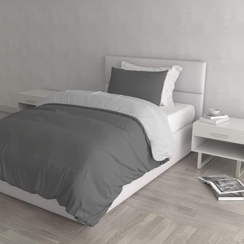 Italian Bed Linen Natural Color Duvet Cover Set with Doubleface Solid Colour Bag Sheet and Pillowcase, 100% Cotton, Light Gray/Smoke, small double