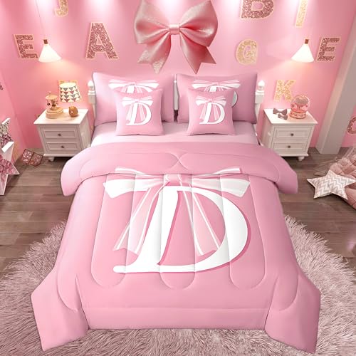 jejeloiu Pink Bow Bed Set, Gifts for Women Teen Girl,Full Size, Decor Ultra Soft Monogrammed 7 Pieces Beeding Set, Initial Letter D Bed in a Bag with Comforter, Sheets, Pillowcases Kawaii Pink Unique