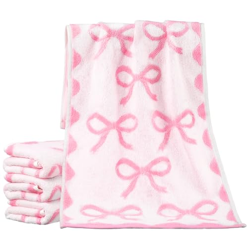 SmoothNovelty 4 Pcs Bow Hand Towels for Bathroom 13 x 29'' Soft 100% Cotton Coquette Face Towel Kitchen Decor Absorbent Facecloth Preppy Bathroom Decor Bridal Shower Wedding Gift (Pink,Cute Style)
