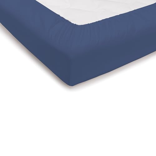 PENSIERI DELICATI Double Bed Sheet 180 x 200 cm, Plain Dyed Fitted Sheet +25 Made of 100% Cotton, Made in Italy, Navy Blue
