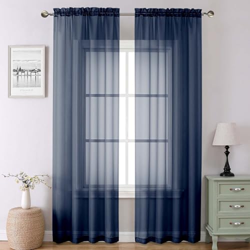 "Lecloud Navy Blue Sheer Curtains 90 Inches Long 2 Panels, Light Filtering Voile Airy Curtains, Balance Light Privacy Window Treatments with Dual Rod Pocket for Bedroom Laundry Room, Each 42"" W x 90"" L"