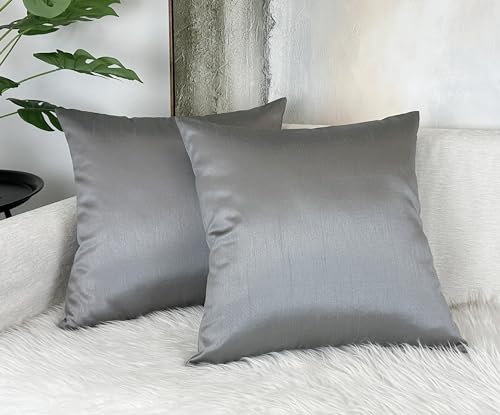 Aiking Home 18x18 Inches Faux Silk Square Throw Pillow Cover, Zipper Closure, Charcoal (Set of 2)