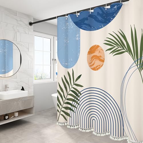 "GiuMsi Boho Mid Century Leaf Shower Curtain Set,Arch Sun Design,Minimalistic Leaves Pattern,Waterproof and Luxurious Fabric-12 Hooks(Light Blue-72"" x 78"")"