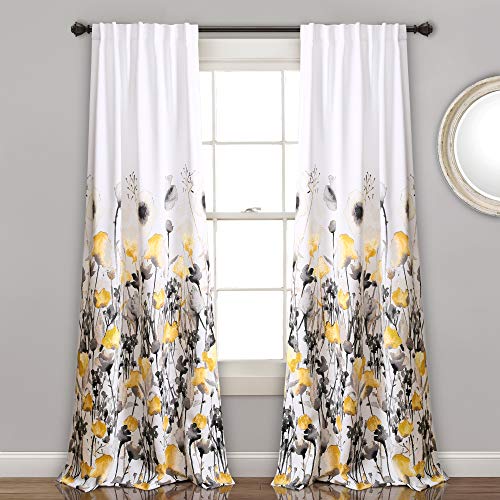 "Lush Decor, Yellow and Gray Zuri Flora Curtains Room Darkening Window Panel Set for Living, Dining, Bedroom (Pair), 84” x 52, 84"" x 52"""