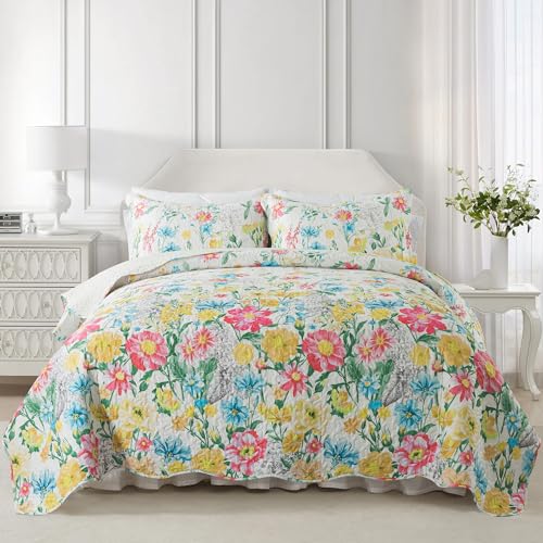 NEWLAKE Quilt Bedspread Sets, Dreamy Flowers Reversible Coverlet Comforter Cover Set, King Size