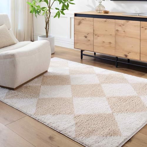 Livabliss Deline Monduli Shaggy Berber Style Floor Covering 120x170 cm – Plush Thick Pile for Living Room & Bedroom, Neutral Boho Design, Easy Care, Light Beige & Beige