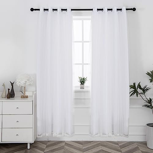 INLINAS Greyish White Blackout Curtains with Sheer Overlay - Grommet Top Thermal and Noise Reduction Panels for Bedroom and Living Room Light Blocking and Energy Saving, 52 x 84 Inches, Set of 2