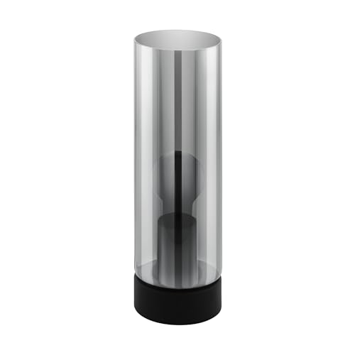 Eglo Table Lamp Damasco 1, Bedside Light with Smoked Glass Shade, Metal and Fixture in Black, E27 Socket, 30 cm Tall