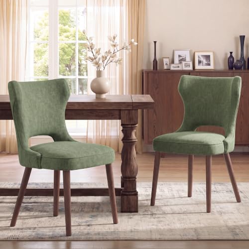 MALOL Upholstered Dining Chairs Set of 2, Dining Room Chairs with Hollow Backrest, High Back Kitchen Chairs with Solid Wood Legs, Thick Seat Cushion, Anti-Slip Pads, Green
