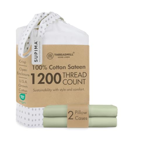 Threadmill 1200TC Supima Cotton Queen Sheet Set, Sateen, Solid, Sage Green - 100% Supima Cotton, Sateen Weave, 20x32 in, Fade-Resistant, Breathable, No-Pill, OEKO-TEX Certified, Machine Washable
