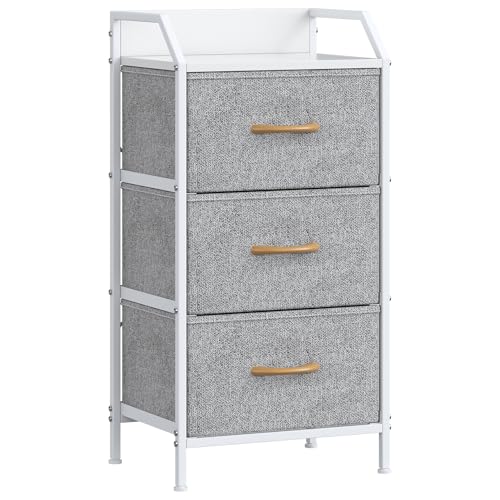 Feonase 3-Drawer Chest of Drawers with Metal Frame & Top Back Shelf – Modern Fabric Storage Cabinet for Bedroom, Living Room, Small Spaces (40x30x78cm, Light Grey)