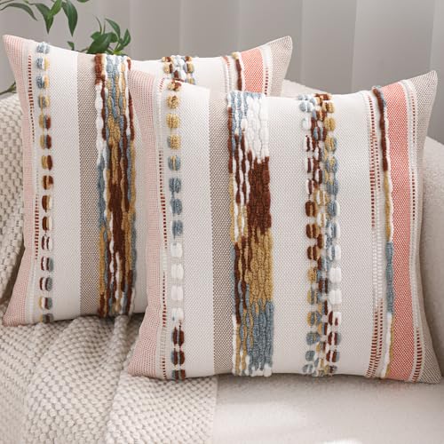 Tosleo Boho Throw Pillow Covers 18x18 Set of 2 Striped Decorative Pillow Cases Accent Chenille Pillowcases Farmhouse Cushion Case Bohemian Nuetral Textured Pillow Cover,Orange
