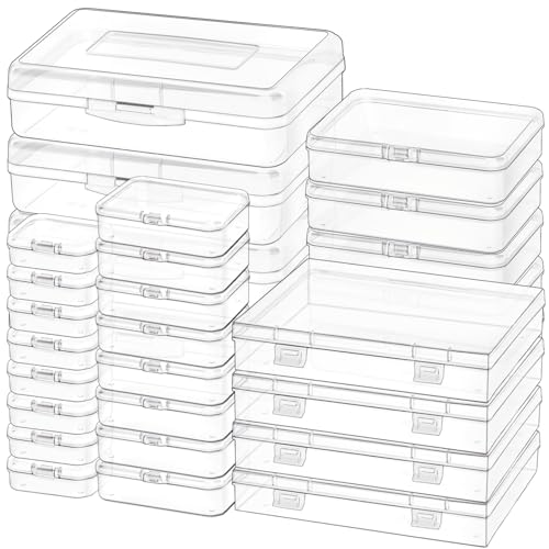 Jutieuo 28 Pack Mixed Sizes Rectangular Mini Plastic Containers Clear Plastic Storage Boxes with Hinged Lids and Labels Empty Beads Organizers for Small Items Art Craft Jewelry Projects