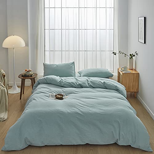 FACE TWO FACE Bedding Duvet Cover Set100% Washed Cotton Duvet Cover Linen Like Textured Breathable Durable Soft Comfy (Full, Dusty Blue)
