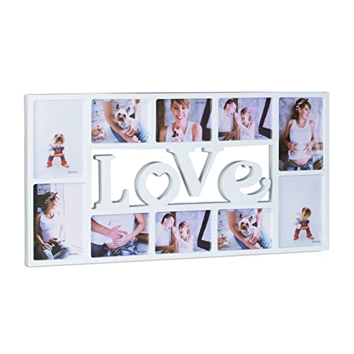 Relaxdays Picture Frame LOVE, Photo Frame for 10 Pictures, Plastic, HxWxD: 36.5 x 72 x 2 cm, White