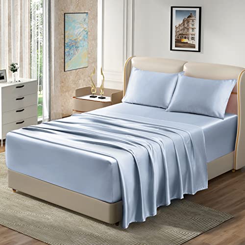 Homiest Queen Baby Blue Extra Deep Pocket Satin Sheets, 4-Piece - 18-24 Inch Pocket Depth, Silky Soft for Hair And Skin, Wrinkle And Fade Resistant, Machine Washable, Elegant Glossy Finish