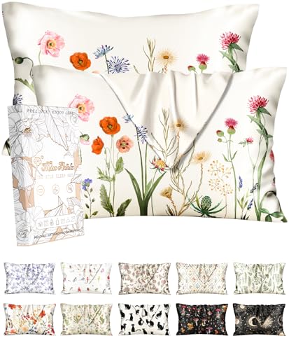 Miss Adola 2 Pack Silk Pillowcases - 20x36 Inch King Size Silk Pillow Cases with Hidden Zipper for Women Lady Smooth Soft Breathable Cooling Design Pillowcases for Hair and Skin, Quiet Flower