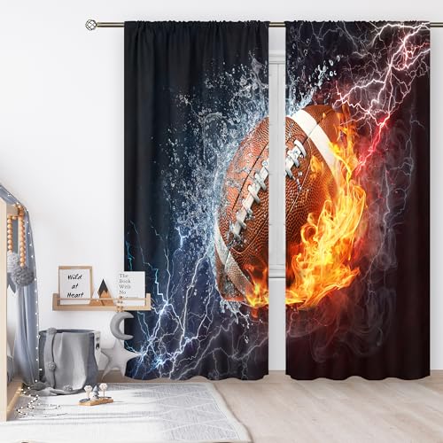 Cinbloo American Football Curtains Rod Pocket Fire Water Sports Flame Splashing Thunder Lightning Cool Boys Art Printed Living Room Bedroom Window Drapes Treatment Fabric 2 Panels 29(W) X 63(L) Inch
