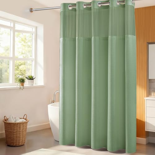 River Dream Cotton Blend Fabric Shower Curtain Set with Liner, Sage, 71x86 - Waffle Weave, No Hook Needed, with Snap in Replacement Liner, Top Sheer Window, Hotel Quality for Bathroom, Extra Long